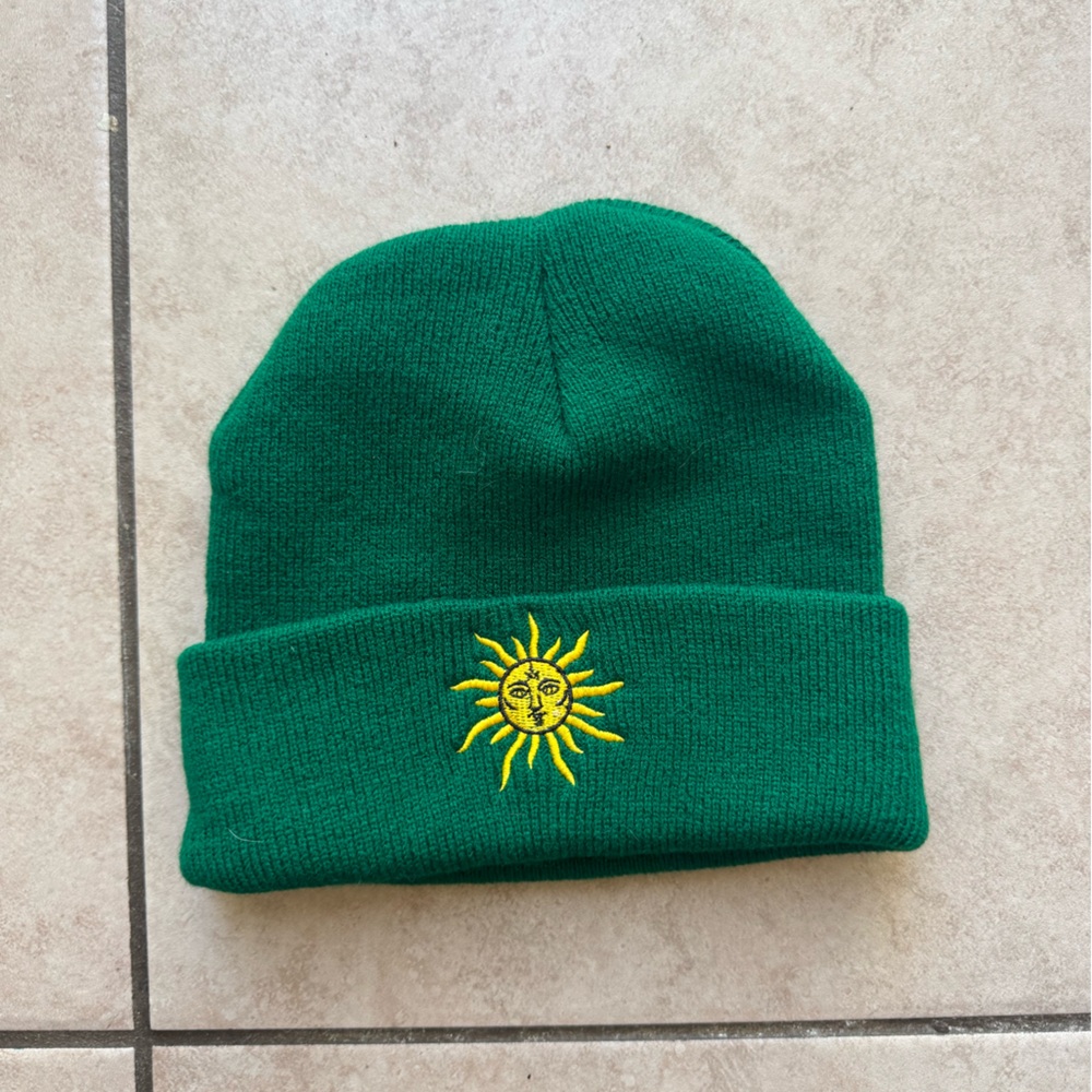Green Beanie with Sun Embroidery